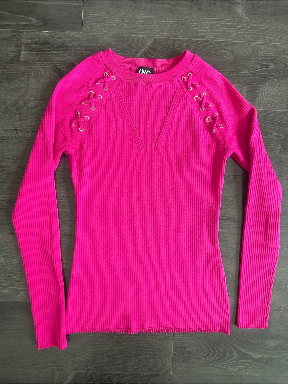 INC International Concepts Hot Pink Lace Up Shoulder Ribbed Knit Sweater Top/ XS